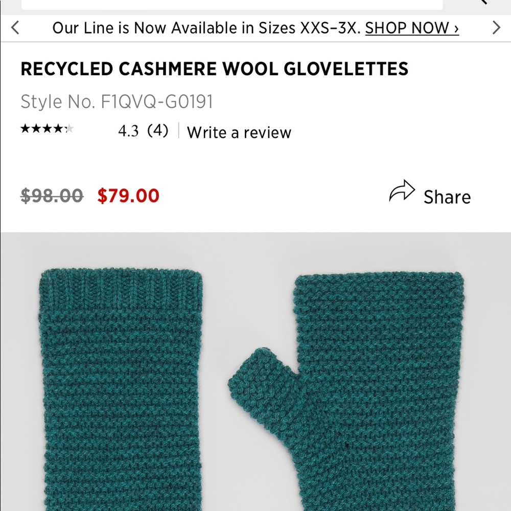 NWT Eileen Fisher teal cashmere wool glovelettes